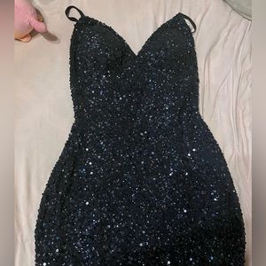Dark blue prom dress with sequin, back less, size 8